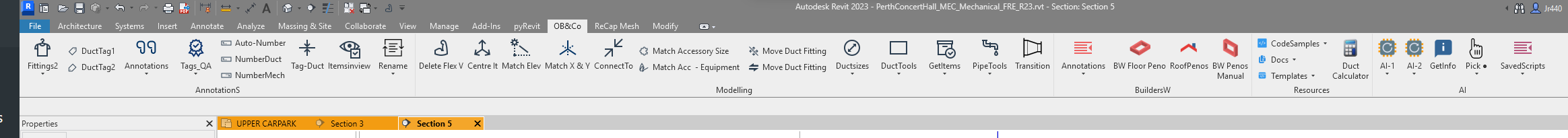 Custom pyRevit toolbar screenshot showing HVAC duct tool commands