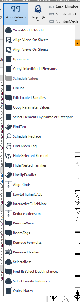 Custom pyRevit toolbar screenshot showing advanced duct and connection commands