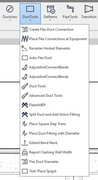 Custom pyRevit toolbar screenshot featuring duct sizing and fitting helpers